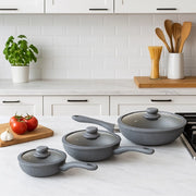 Set Padelle Induzione Pietra Antiaderenti 20/24/28 cm con Coperchi in Vetro Grigio