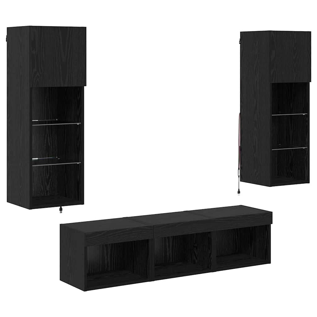 Mobile TV da parete dal design moderno 60 x 30 x 30 cm con strisce LED e ripiani in vetro in legno ingegnerizzato rovere nero 02_0056087