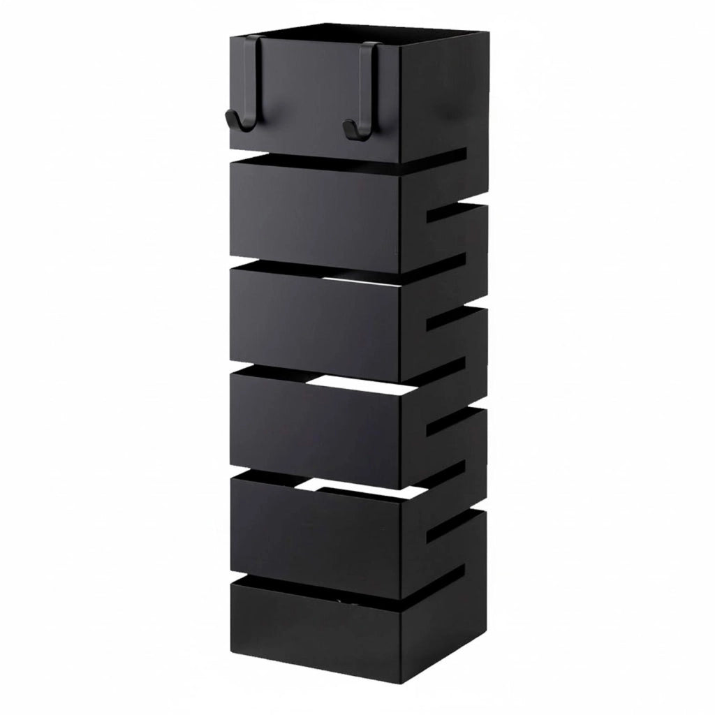Portaombrelli Design Moderno In Acciaio Zincato Per Interno Esterno Con Vaschetta Scolapioggia Base Antiscivolo 2 Ganci Removibili Struttura Robusta Nero 49 X 15.5 X 15.5 Cm