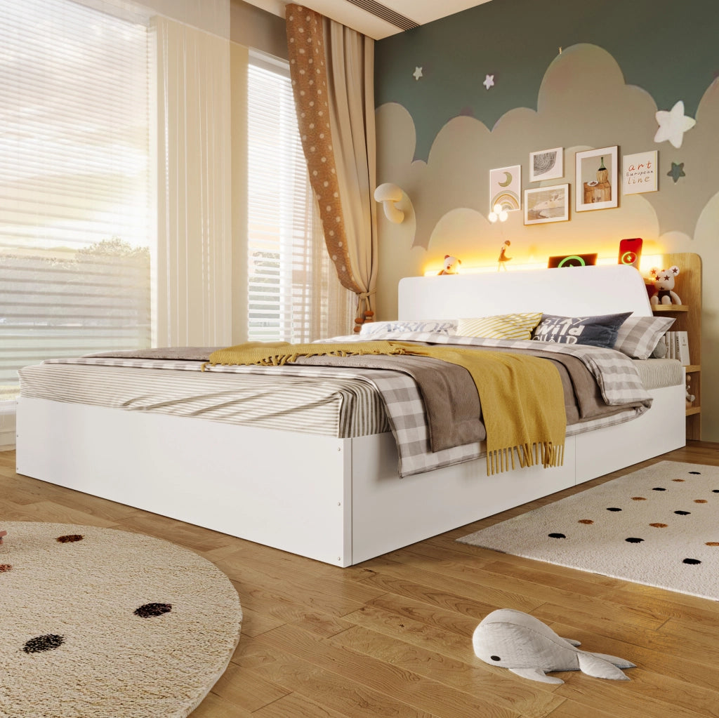 Letto contenitore 140x200 cm bianco e naturale con LED e USB-C