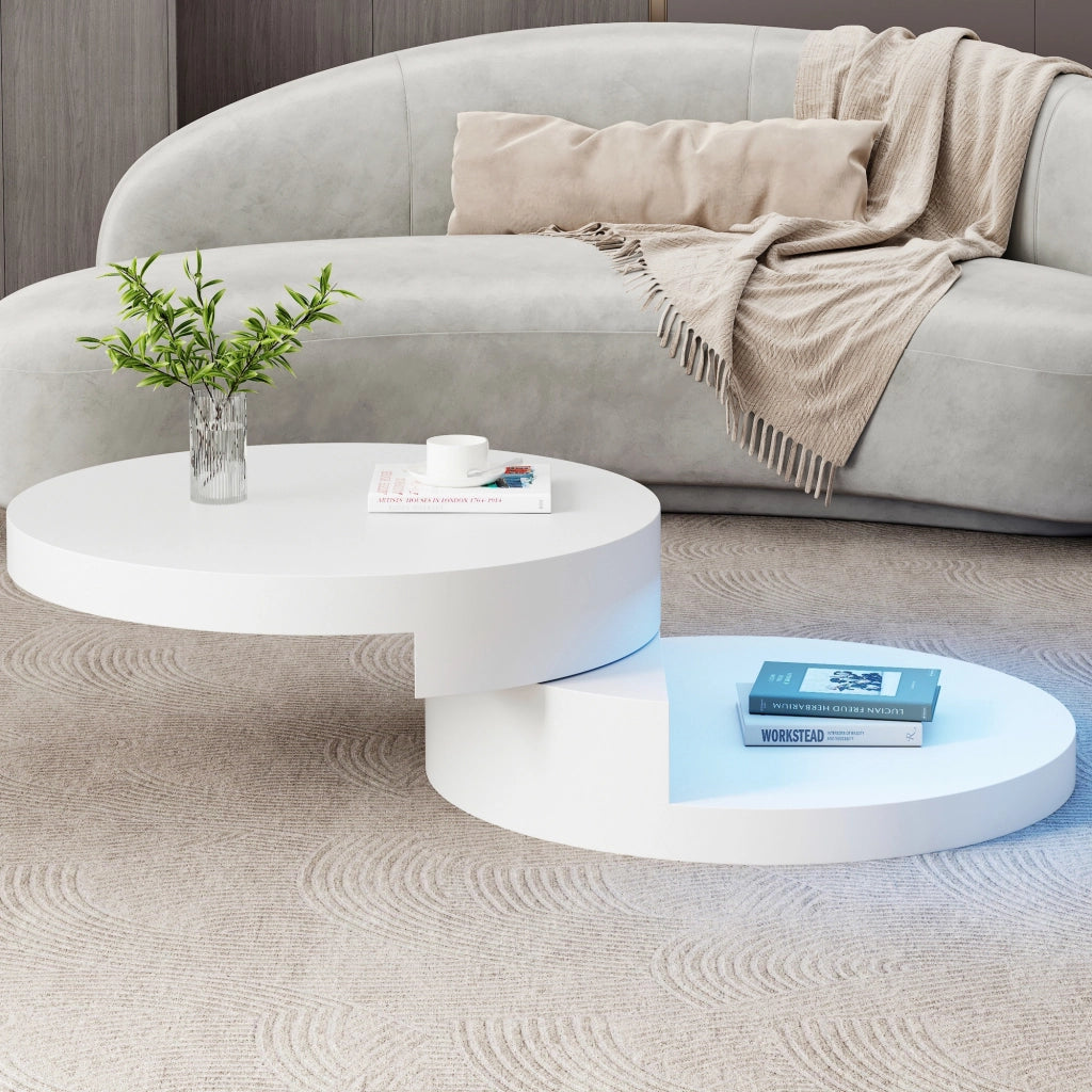 Tavolino a due ripiani, piano girevole, con luci a LED, in MDF, 70 x 70 x 35.5 cm, bianco