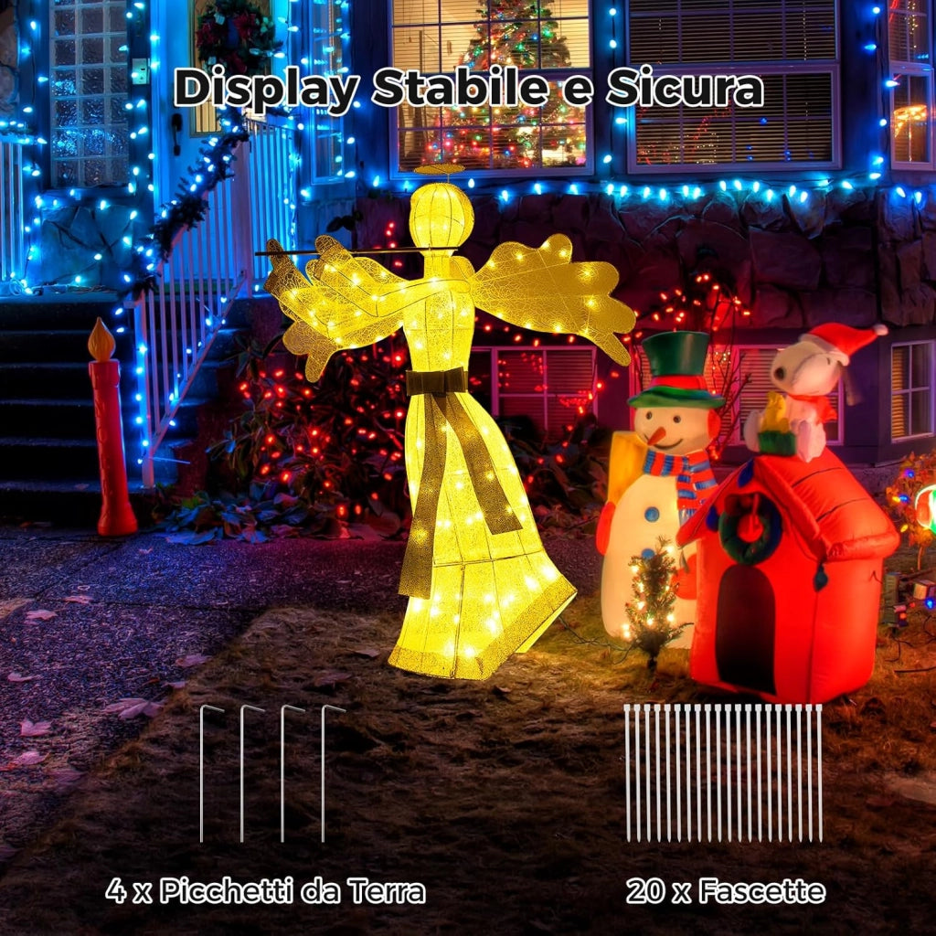 Angelo Natalizio Illuminato da Esterno, Decorazione Natalizia con 100 Luci LED, 4 Picchetti da Terra e 10 Fascette, per Giardino, Cortile e Prato (Modello 3)