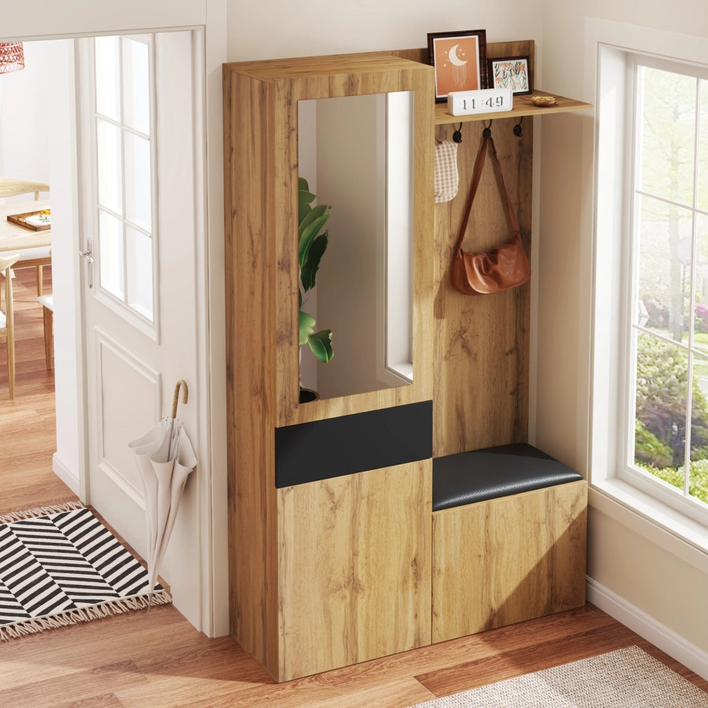 Set di mobili da ingresso con 5 ganci, specchio, panca portascarpe, vani contenitori e ripiani, in MDF nero e naturale