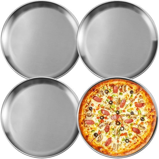 Set di Piatti Ronde da 4 - Acciaio Inossidabile 30 cm - Luccicante - Cucina - Campeggio - Festa - Facile da Pulire - Piatti da Servire