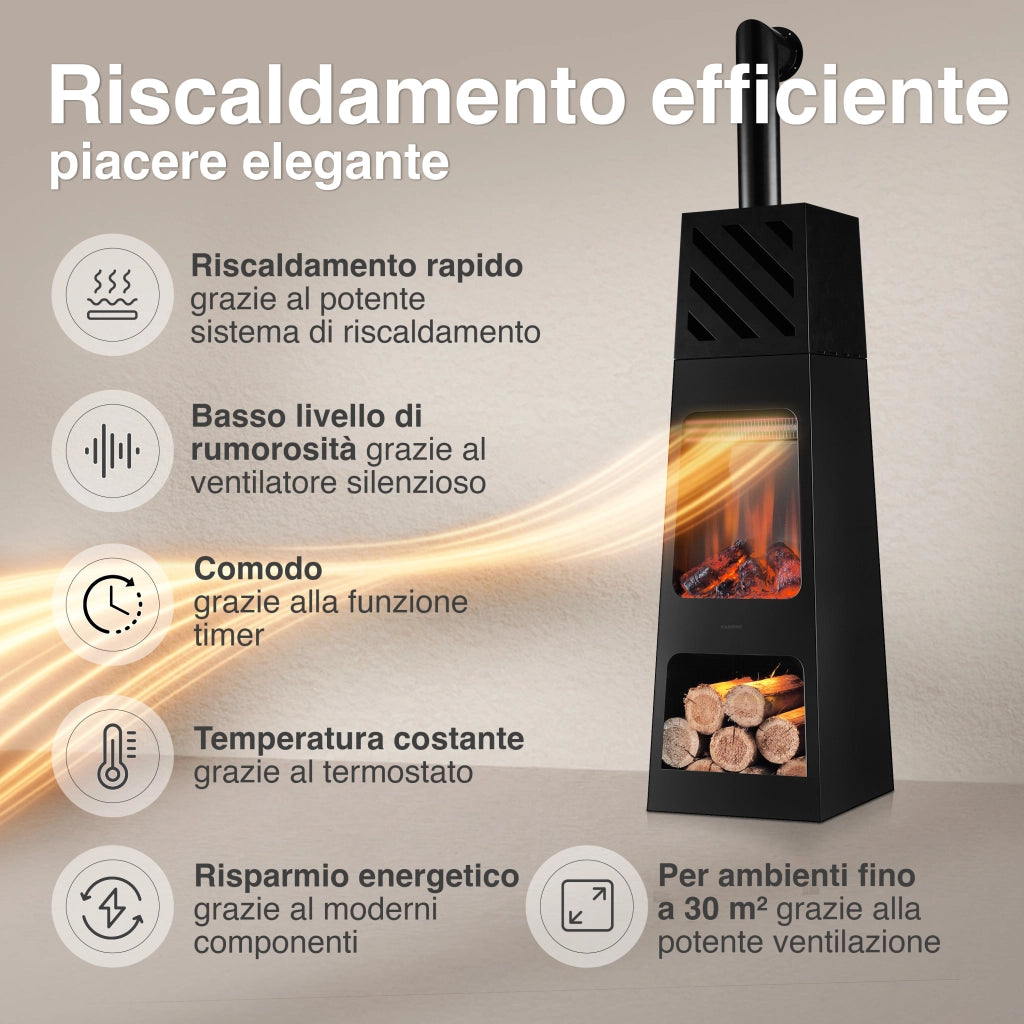 KAMINIO Caminetto elettrico da giardino con tubo KAI XL - Stufa de terrazzo  elettrico con riscaldamento, effetto fiamma 3D, luce ambiente a LED, scomparto de legno, telecomando - X-Large, Nero