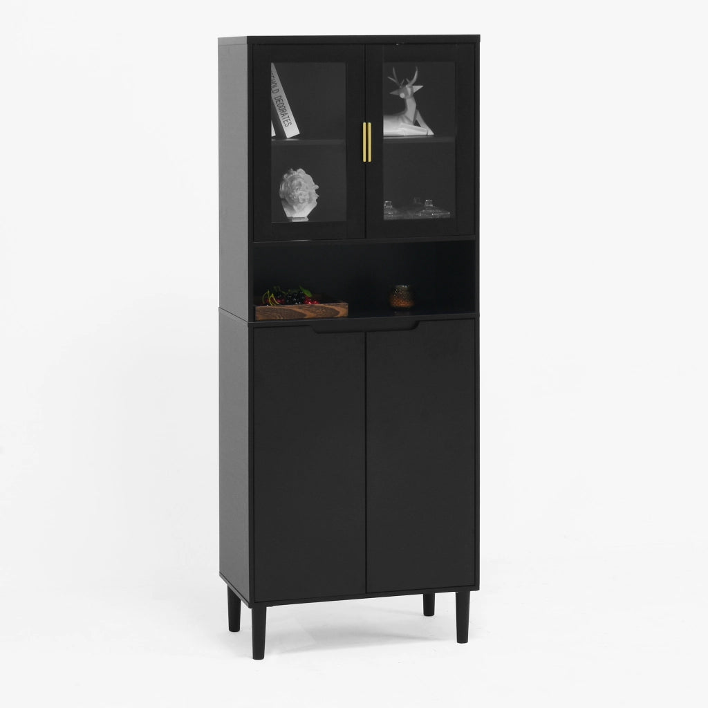 OKWISH Libreria Contenitore con Ante in Vetro Temperato e Ripiani, per Soggiorno Ufficio Bagno, MDF, Nero