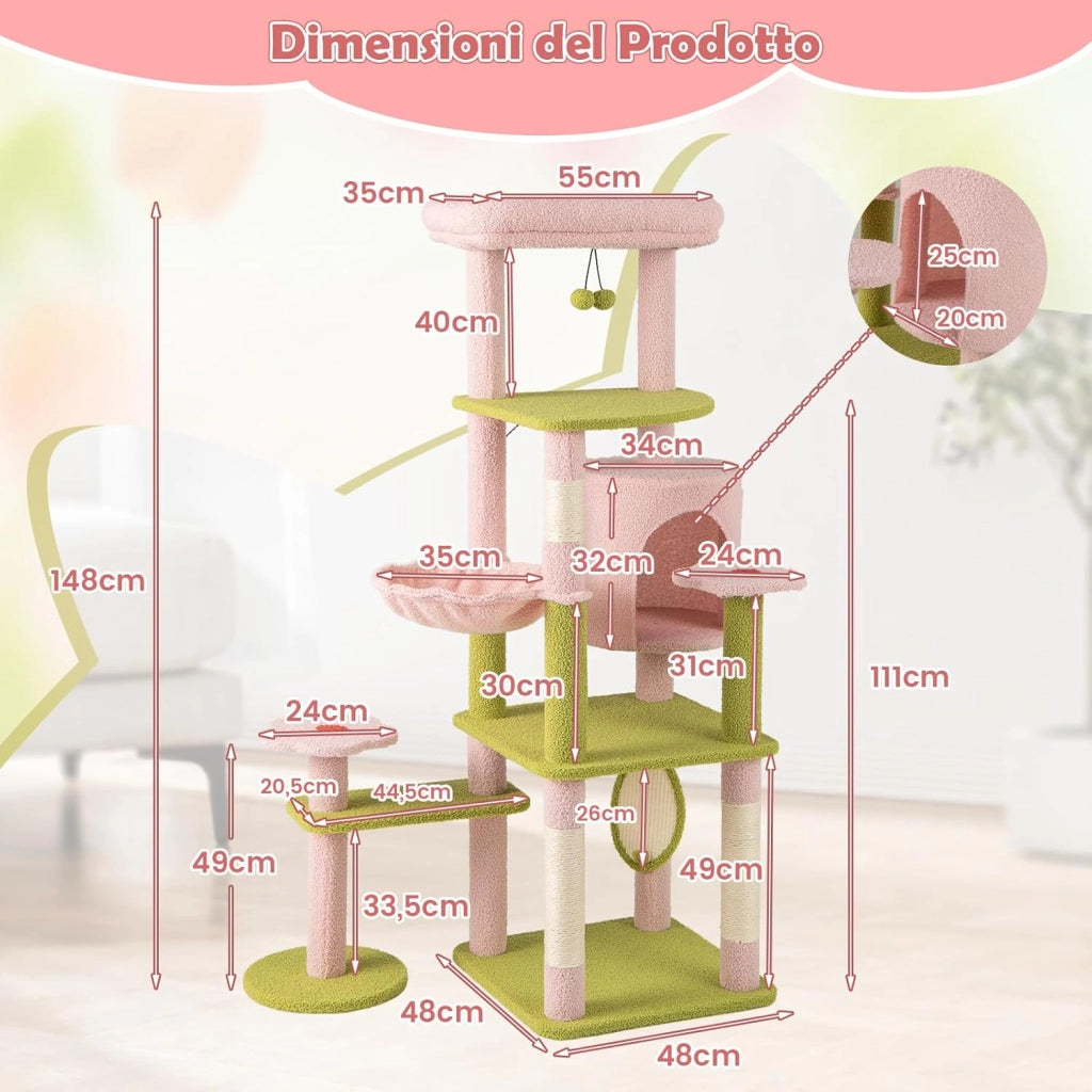Tiragraffi per Gatto Alto 150 cm Stile Floreale, Albero Tiragraffi Gatti con Pali in Sisal, Piattaforme, Grotta e Pompon, Torre Gatto Rivestito in Peluche, Rosa e Verde