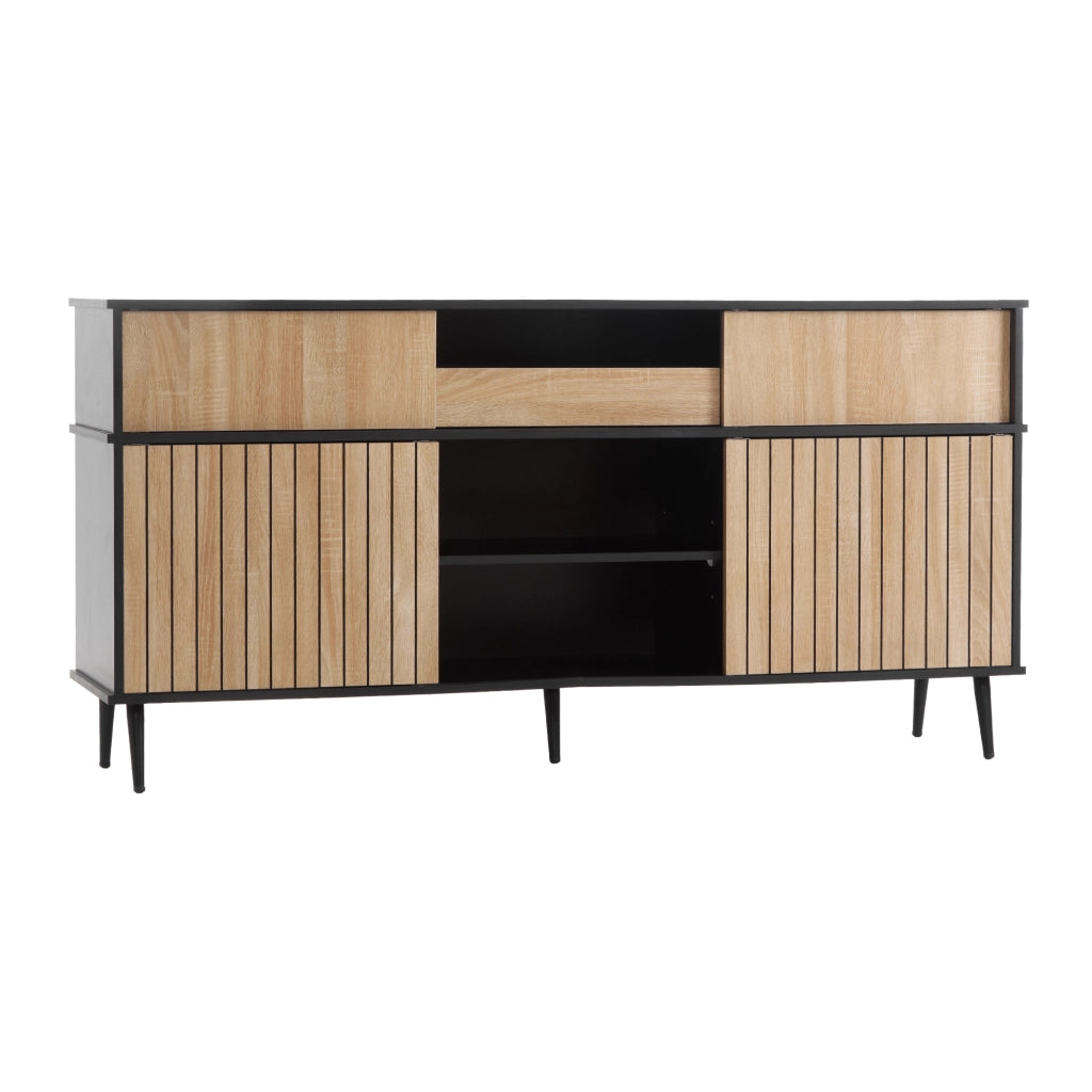 Credenza moderna con 4 ante scorrevoli e 1 cassetto, effetto quercia e nero, 160 x 40 x 80 cm