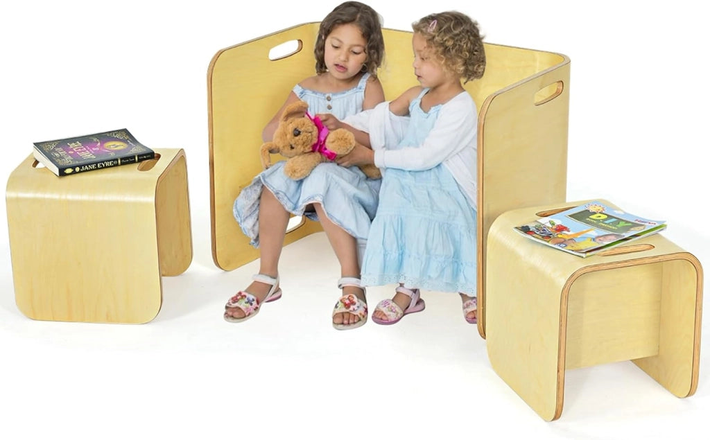 COSTWAY Set Tavolo e 2 Sedie per Bambini 2-9 Anni, Set Multiuso in Legno di Faggio con Maniglie Ergonomiche, Design Salvaspazio, Senza Montaggio, Portata 100 kg (Naturale)