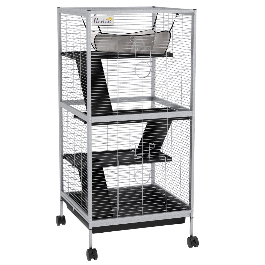 Gabbia per Porcellini d'India e Cincillà a 3 Piani 52x52x113,5 cm Ruote e Vassoio Rimovibile in Acciaio Grigio Chiaro