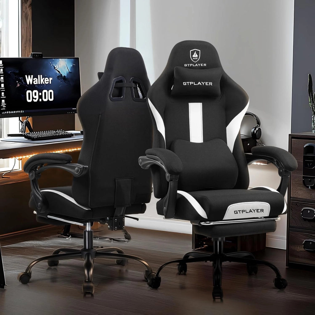 Sedia da gioco, sedia da ufficio, traspirante, in tessuto di alta qualità, ergonomica, sedia da scrivania, regolabile e girevole con poggiapiedi, nero
