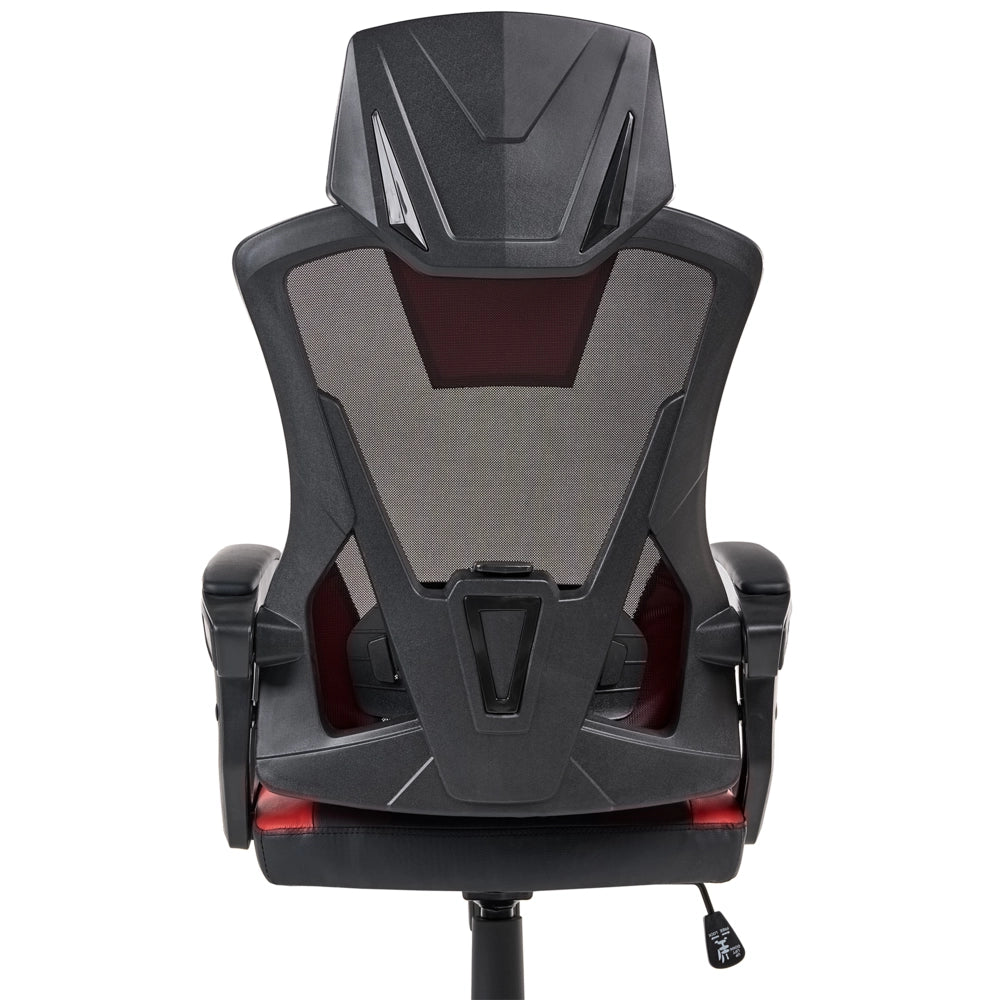 Sedia da ufficio in ecopelle nero e rosso, regolazione in altezza con pistone a gas, funzione di inclinazione, rotazione a 360°, schienale e braccioli regolabili