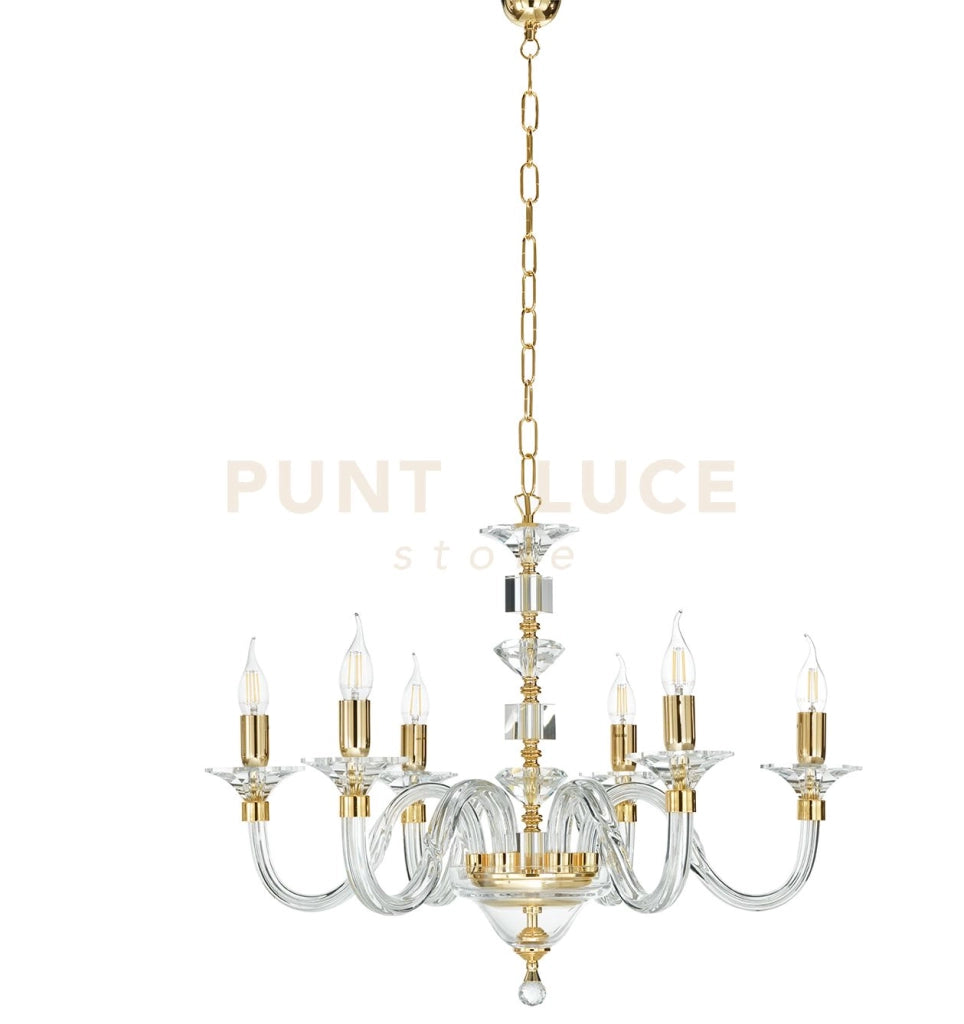 LAMPADARIO GALA 6 LUCI ATTACCO E14 ORO E TRASPARENTE D.72CM