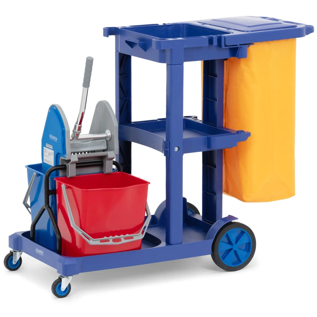 Carrello per la pulizia con 2 secchi con strizzatore e sacco per la biancheria 3 ripiani per un carico massimo di 200 kg blu PP PE 14_0008604
