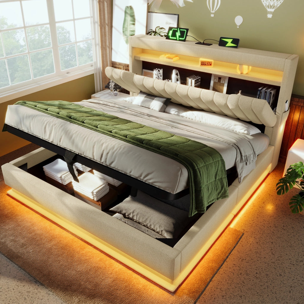 Letto matrimoniale 140x190 cm con contenitore; testiera con USB e Type-C; LED; beige in lino