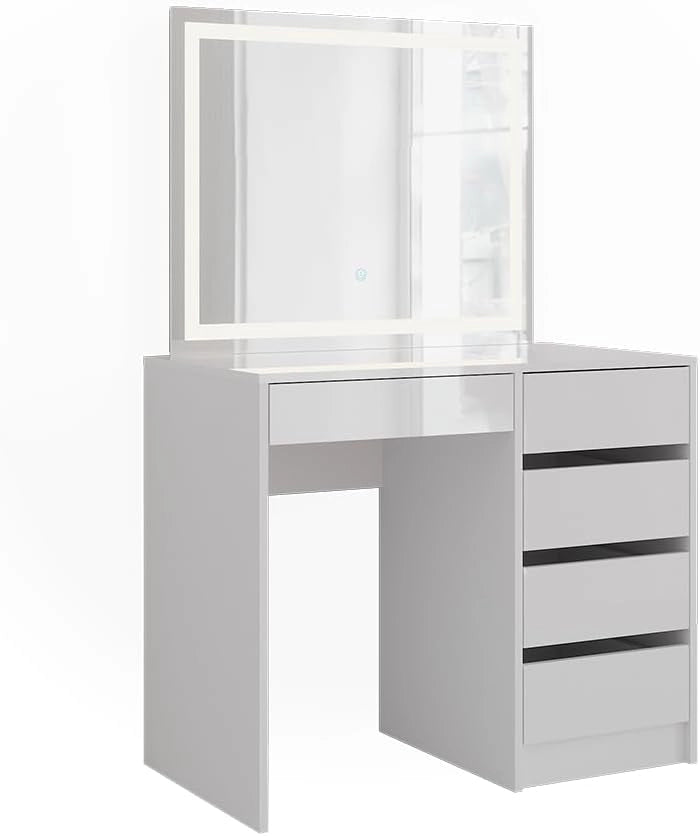 Tavolo da toeletta Sherry, Bianco/bianco lucido, 89.8 cm con specchio LED