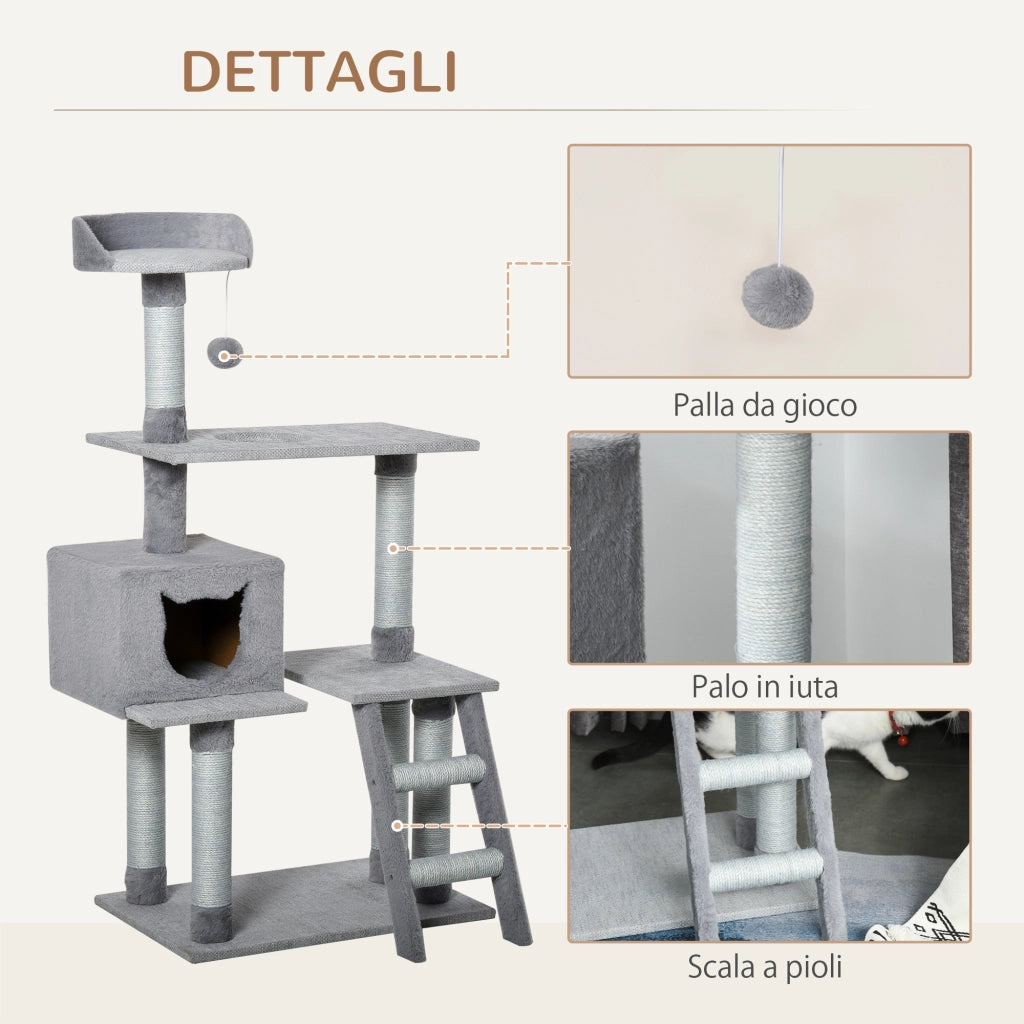 Tiragraffi per Gatti Multilivello con Casetta e Piattaforme ¨C Zephmum ¨C Grigio, Corda di Juta, 61x40x124