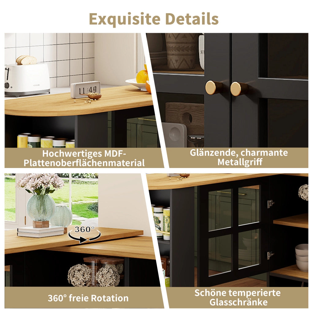 CREDENZA Girevole 138-204x39x102,5 cm MDF Nero con ante in vetro