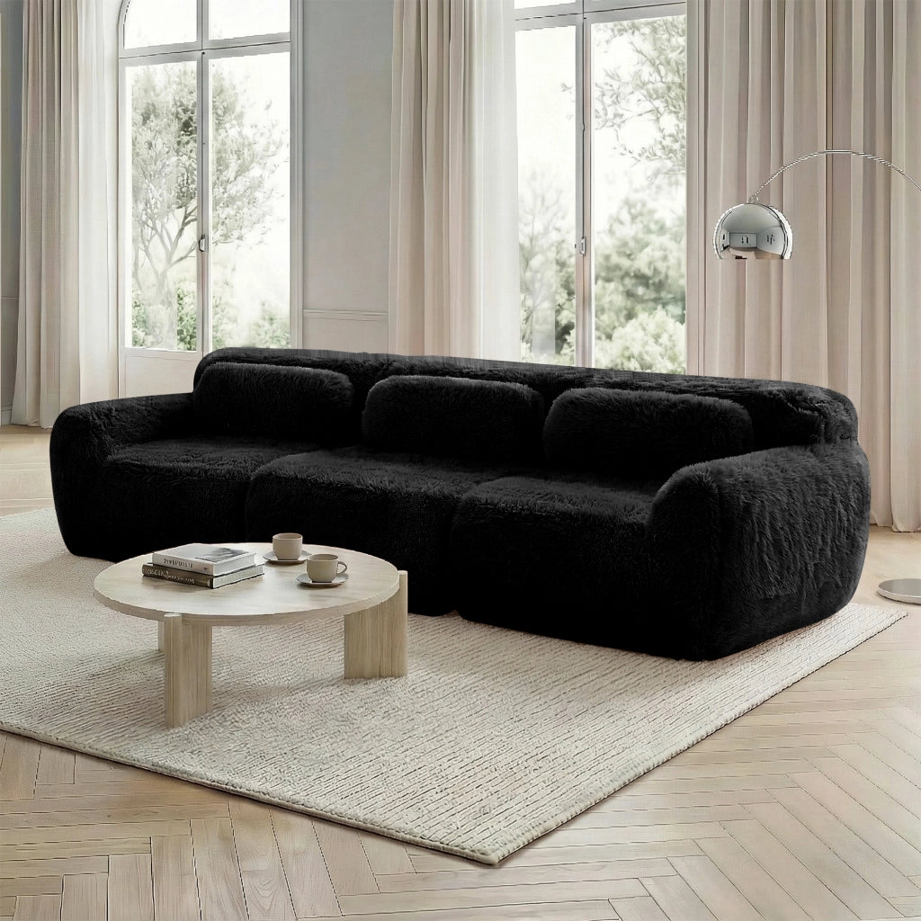 Divano Modulare 3 Posti Senza Montaggio con Cuscini; Base Antiscivolo; Comfort Ergonomico in Peluche Nero