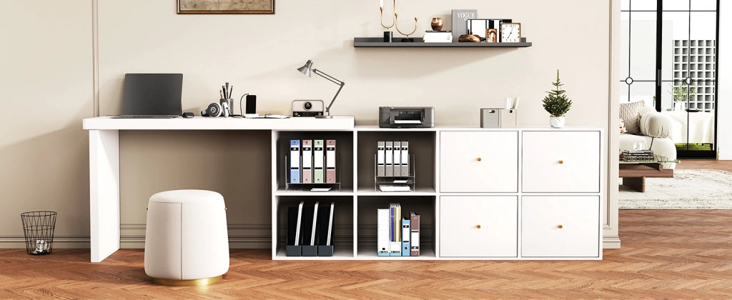 Scrivania angolare girevole 360° in MDF bianco con 4 vani, 4 cassetti, struttura 4 cm, 120×48×78 cm + 140×35×74 cm