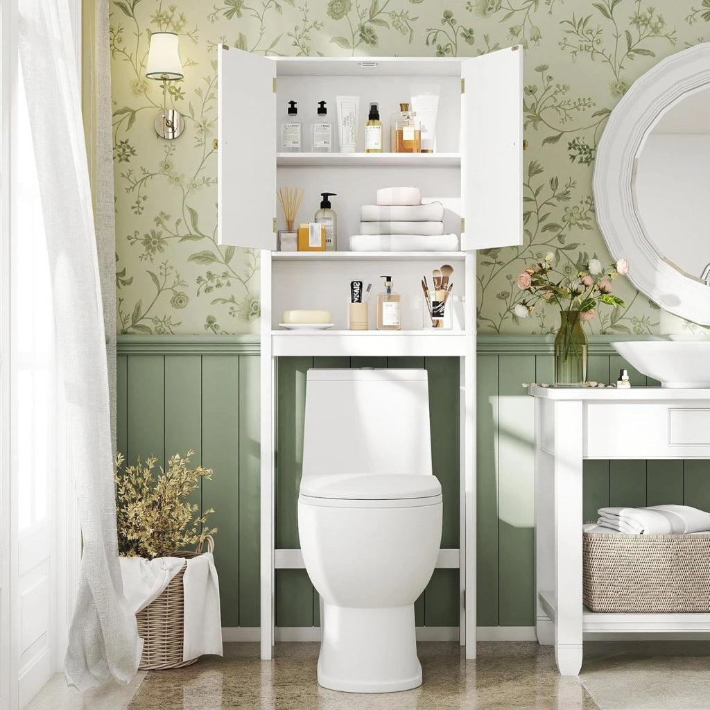 Mobile Bagno Sopra WC, Scaffale per Lavatrice Salvaspazio con 2 Ante, Mensola Aperta e Ripiano Regolabile, Armadietto Sopra Gabinetto in Legno, 60 x 23 x 168 cm (Bianco)