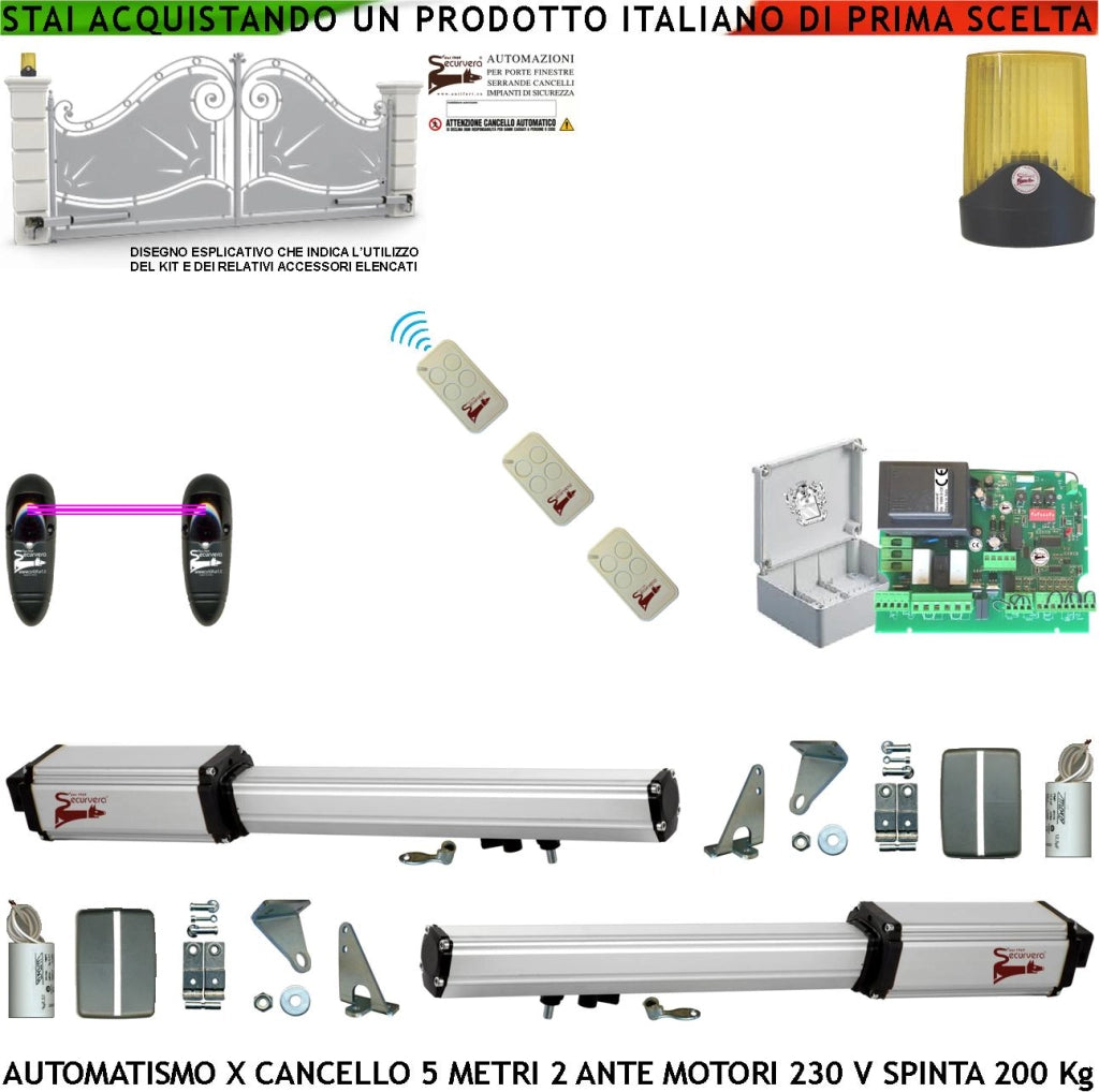 Cancello Elettrico 5 Metri 2 Ante da 2,5 MT Max Kit Base 2 Motori Elettromeccanici 230 V Corsa 400mm Spinta 2 Q.li Kit Staffe 3 Radiocomandi Coppia Fotocellula Faro Movimenti Sblocco Cartello Monitore