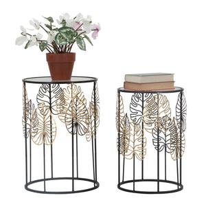Tavolinetti Foglie Glam Coppia Ø38x55-33x50 cm in Ferro e Vetro Nero e Oro