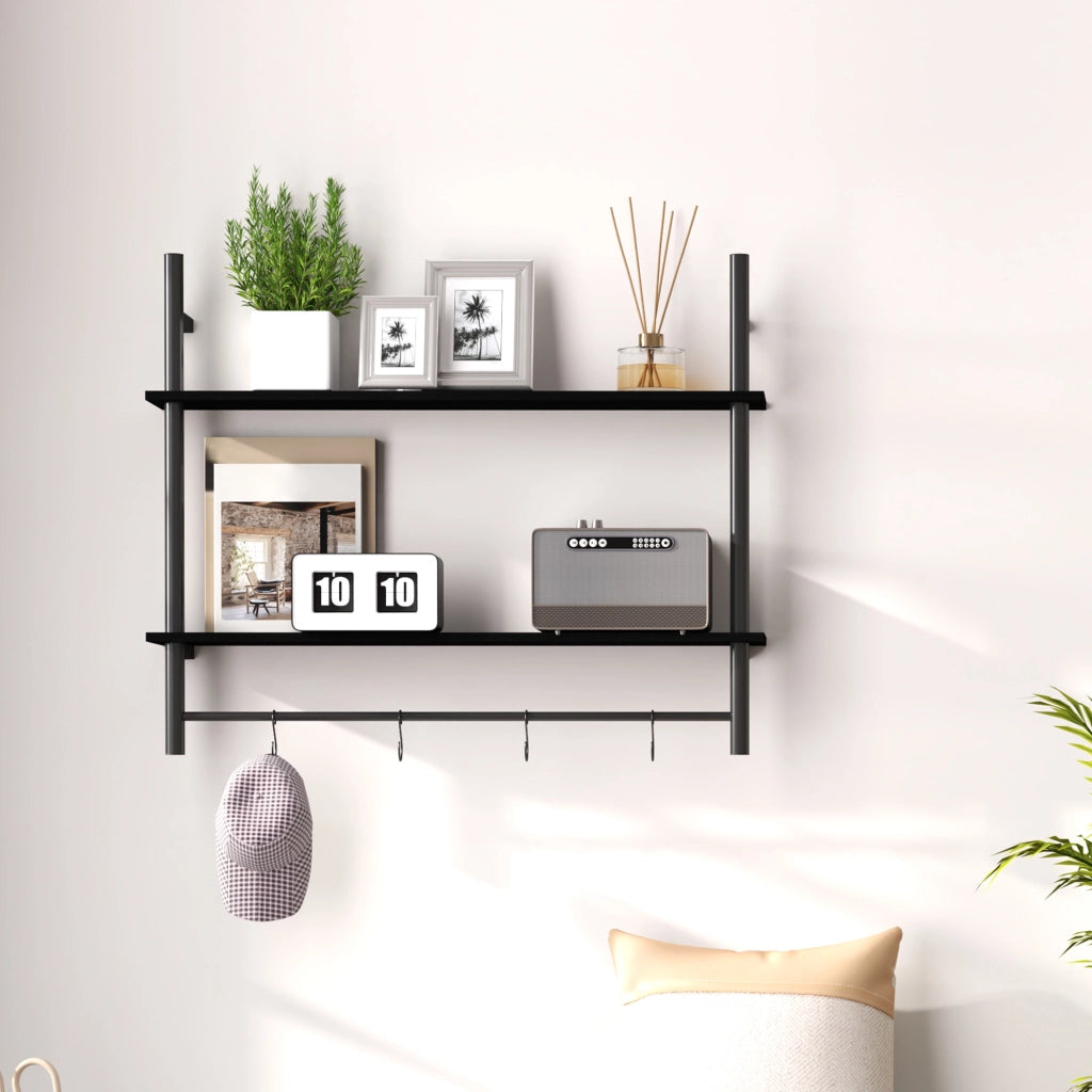 Scaffale a Parete 2 Livelli con Ganchi ¨C Zephmum ¨C 80x24x65 cm Nero