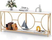 Consolle effetto marmo artificiale, console per mobili, 180 x 30 x 80 cm, 2 livelli, cornice geometrica, piedini regolabili, armadietto corridoio, soggiorno, bianco e oro