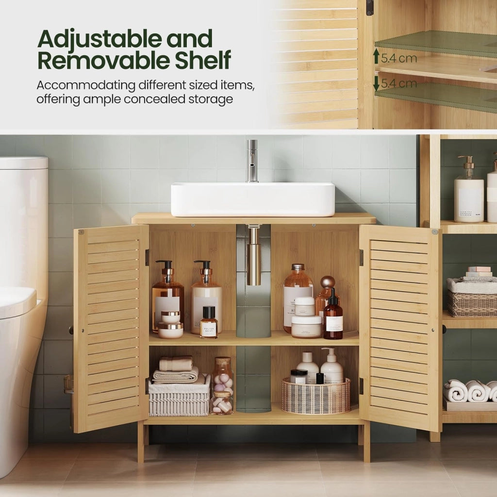 Armadio Sottolavabo in Bambù per Bagno, Organizzatore per Accessori da Bagno, Resistente all'Umidità, Traspirante, con Sifone 20x10 cm, Ripiano Regolabile, 60x30x60 cm