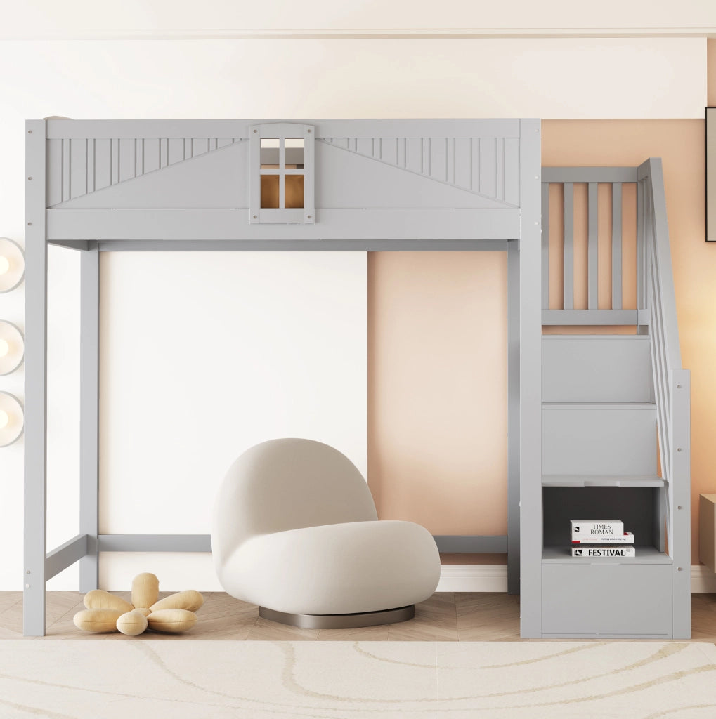 Letto a soppalco 90x200 cm in legno massello grigio