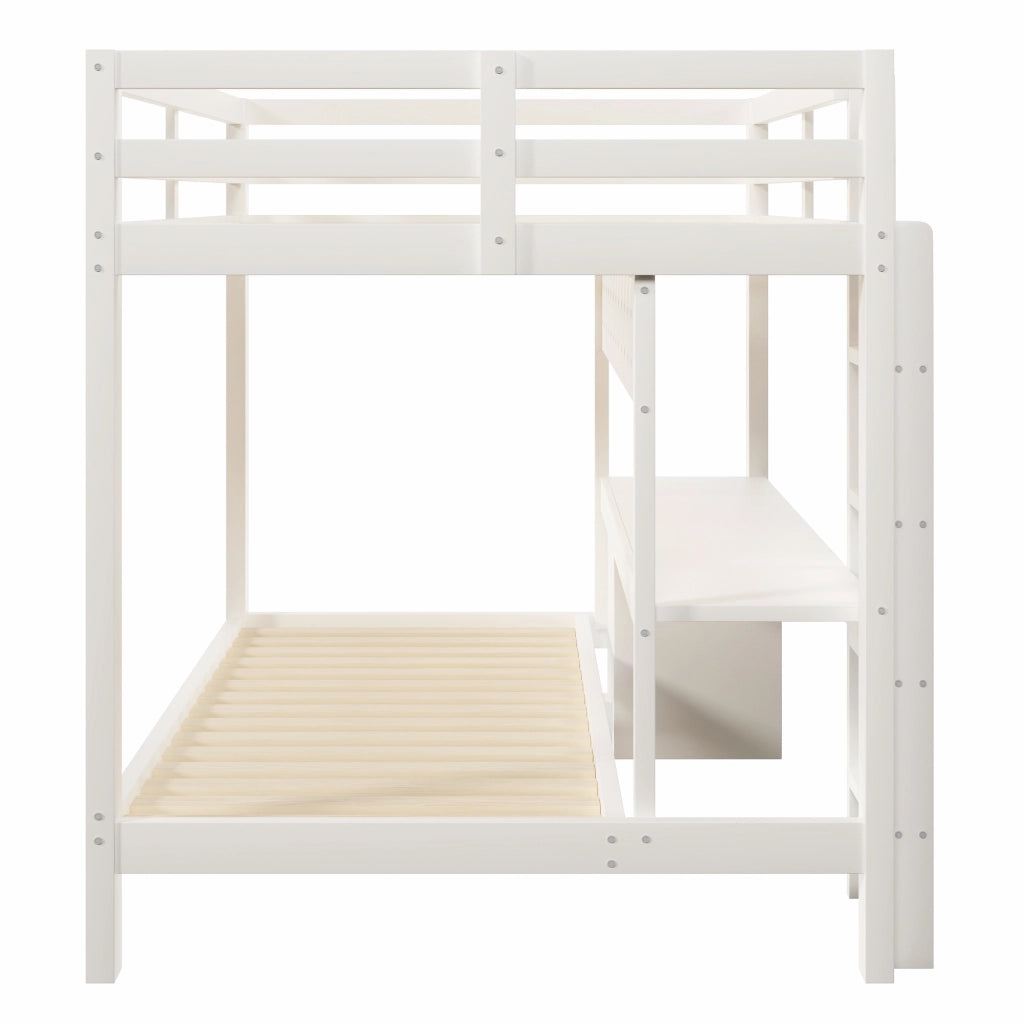 Letto a castello 140x200 e 90x200 cm con scrivania; cassetti e LED; bianco