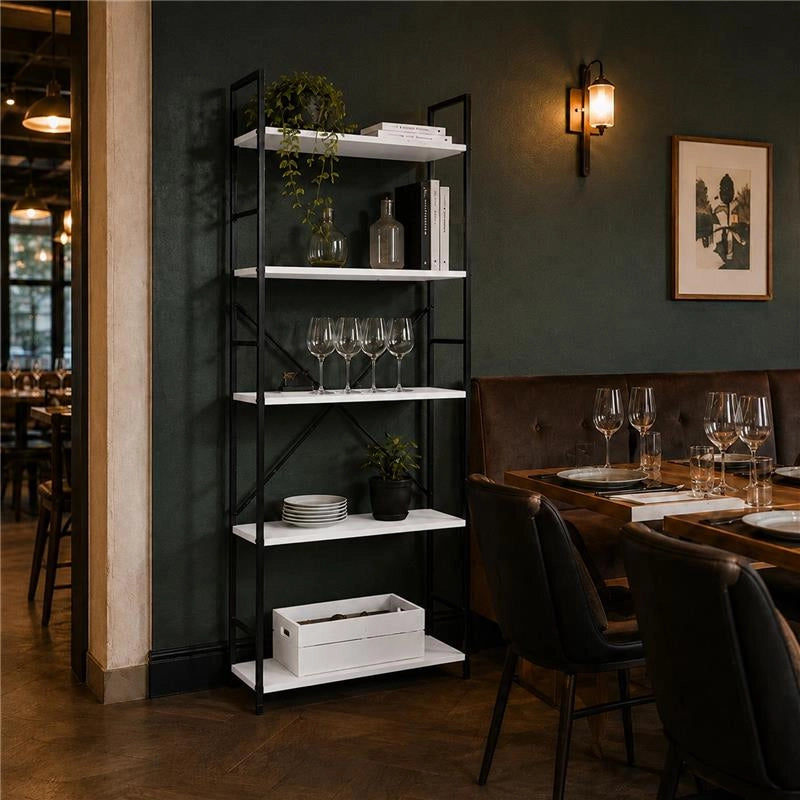 LIBRERIA STILE INDUSTRIAL A 5 RIPIANI IN LEGNO E METALLO DIMENSIONI 59X24X144CM - COLORE BIANCO LEGNO