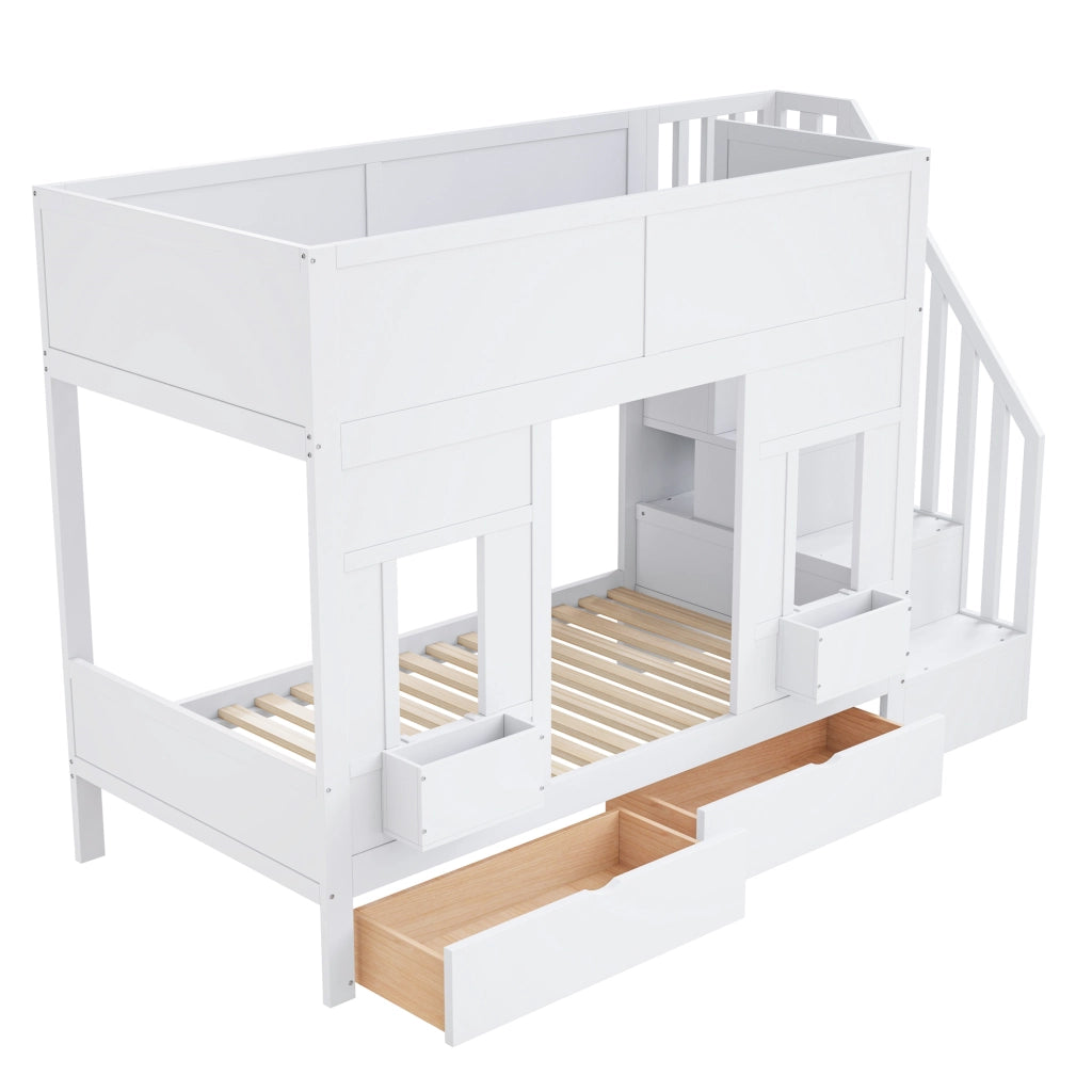 Letto a castello per bambini 90x200 con scale e cassetti; letto a soppalco con finestre; legno; corrimano di sicurezza; risparmio spazio per i bambini