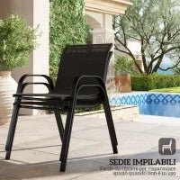 Set da Giardino con Divano 2 Posti, 2 Poltrone Impilabili e Tavolino in Vetro, Nero