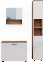 Set di mobili da bagno Irma, Bianco lucido/oro power oak, 80 cm, composto da mobile sottolavabo, specchiera e colonna alta