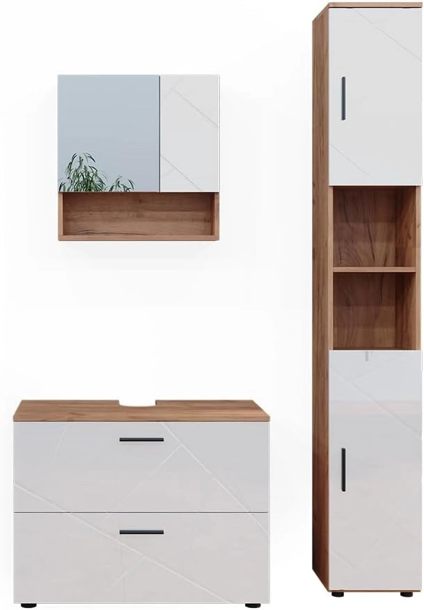 Set di mobili da bagno Irma, Bianco lucido/oro power oak, 80 cm, composto da mobile sottolavabo, specchiera e colonna alta