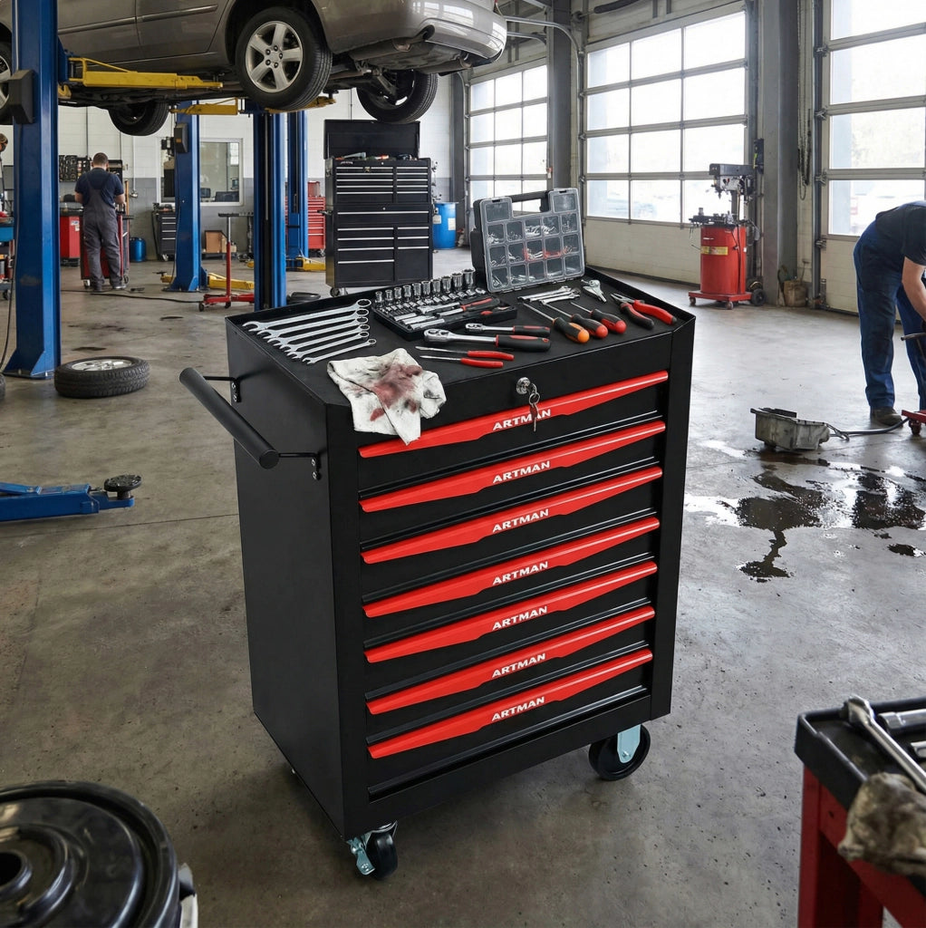 Carrello portautensili mobile in acciaio con 7 cassetti, 60x33x77,5 cm, colore nero e rosso