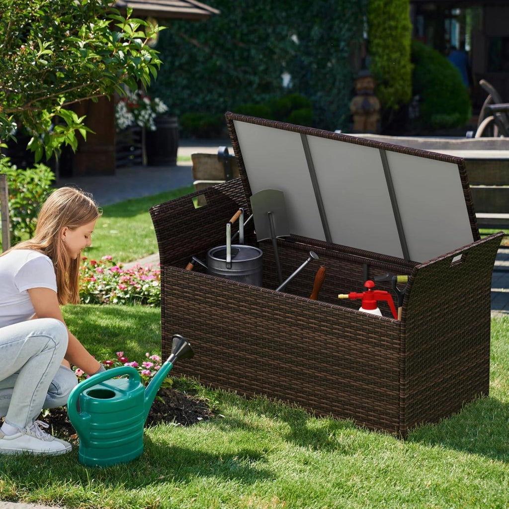 Baule da Giardino 260 L in Rattan PE, Cassapanca Contenitore da Esterno con Cuscino e Maniglie Laterali, per Interni e Esterni, 125 x 56 x 71 cm (Modello 10)