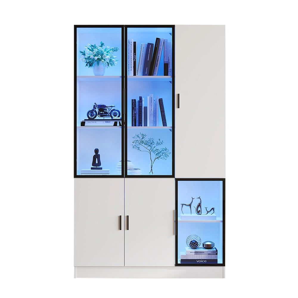 Vetrina libreria 120x35x200 cm con LED - Xylo - ante in vetro, struttura alluminio, per collezioni, soggiorno