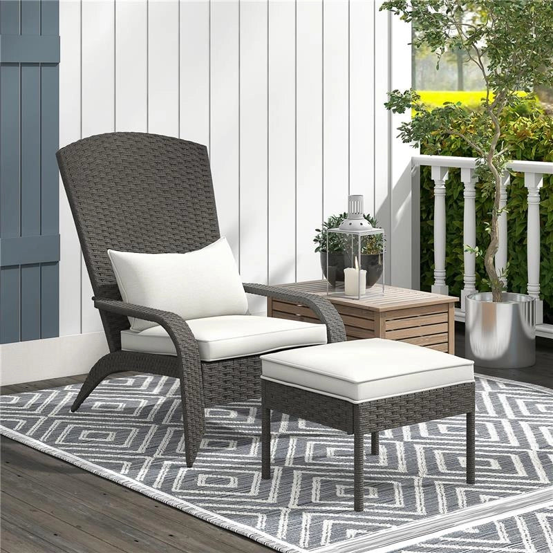 SEDIA DA GIARDINO CON POGGIAPIEDI E CUSCINI IMBOTTITI, IN RATTAN E ACCIAIO, 64X82X89 CM, GRIGIO E CREMA