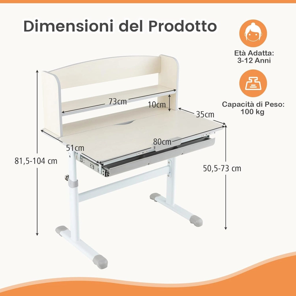 Scrivania per Bambini Altezza Regolabile con Piano Inclinabile | Banco Scuola Multifunzionale per 3-12 Anni con Libreria e Cassetto, Scrittoio Cameretta, Grigio