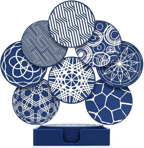Set di 8 sottopiani per bicchieri, ciotola in silicone blu rotonda con cassetta quadrata di stoccaggio, ciotola antiscivolo, sottopiani decorativi per bicchieri per casa, bar, caffè e la maggior parte dei bicchieri