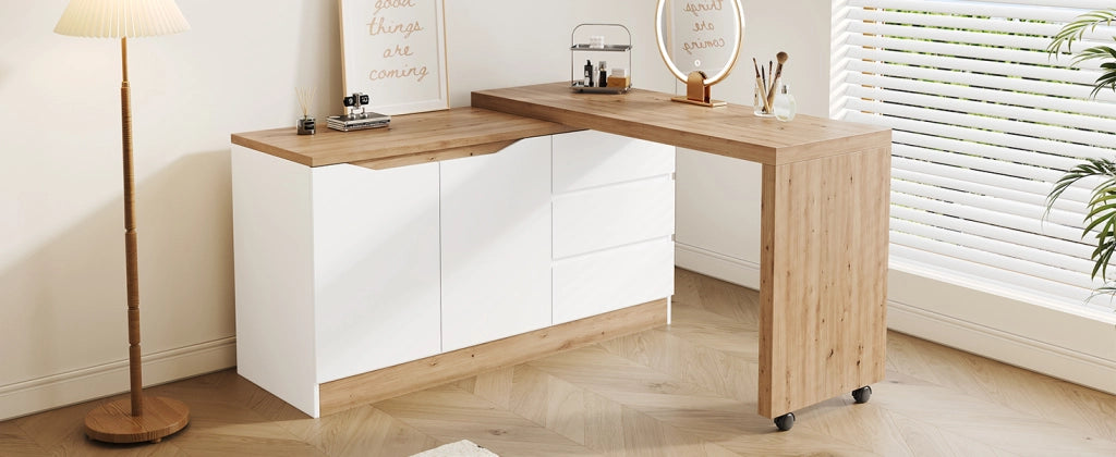 Scrivania pieghevole multifunzionale con 2 ante, 3 cassetti e ruote frenanti, per studio, bianco e rovere 120 × 50 × 78 cm