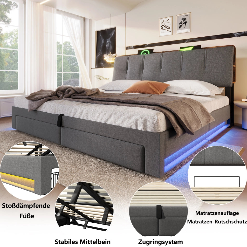 DESMIU Lit con contenitore 180 × 200 cm 2 posti con USB, Type-C, LED e vano idraulico, senza materasso, grigio