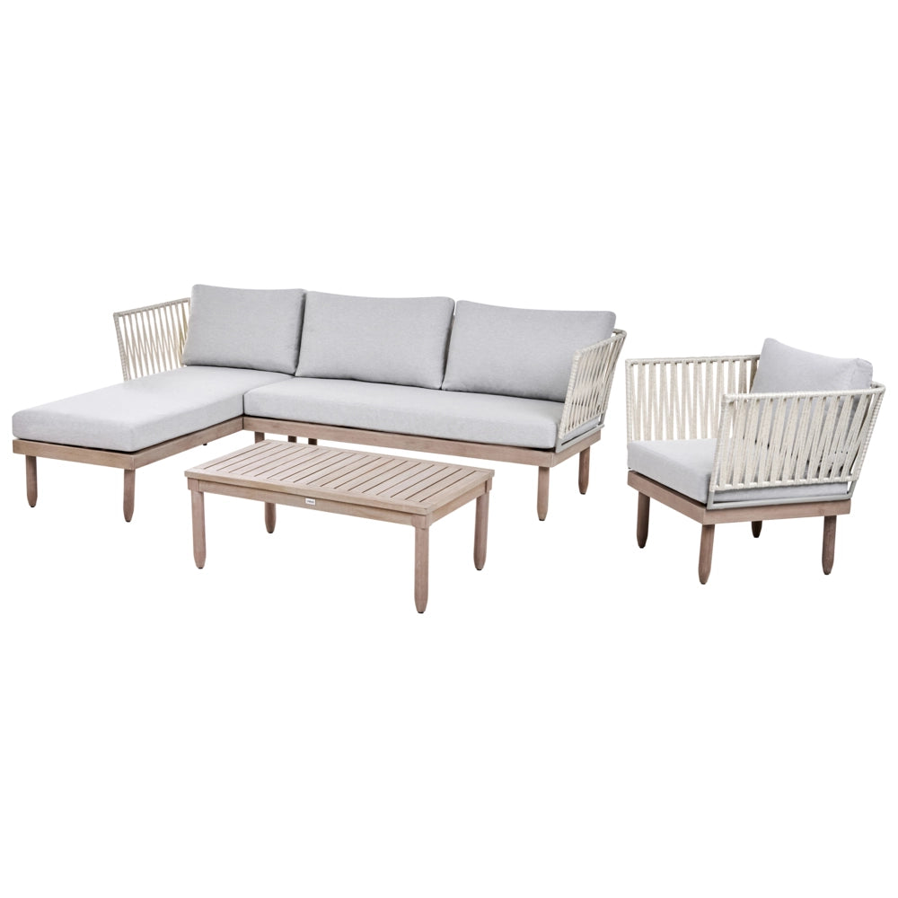Set Lounge da Esterno in Legno di Acacia con Cuscini Grigi Poltrona in Finto Rattan Tavolino Destro 4 Posti