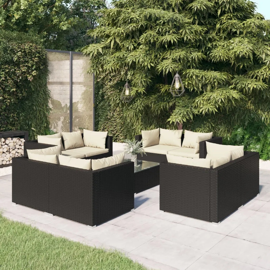 Set Divani da Giardino 9 pz con Cuscini in Polyrattan Nero 3101559