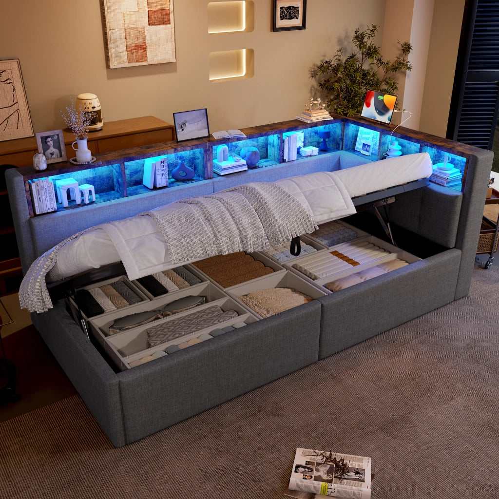 Letto divano 140x200 con letto estraibile e LED dimmerabile; pino e MDF; bianco