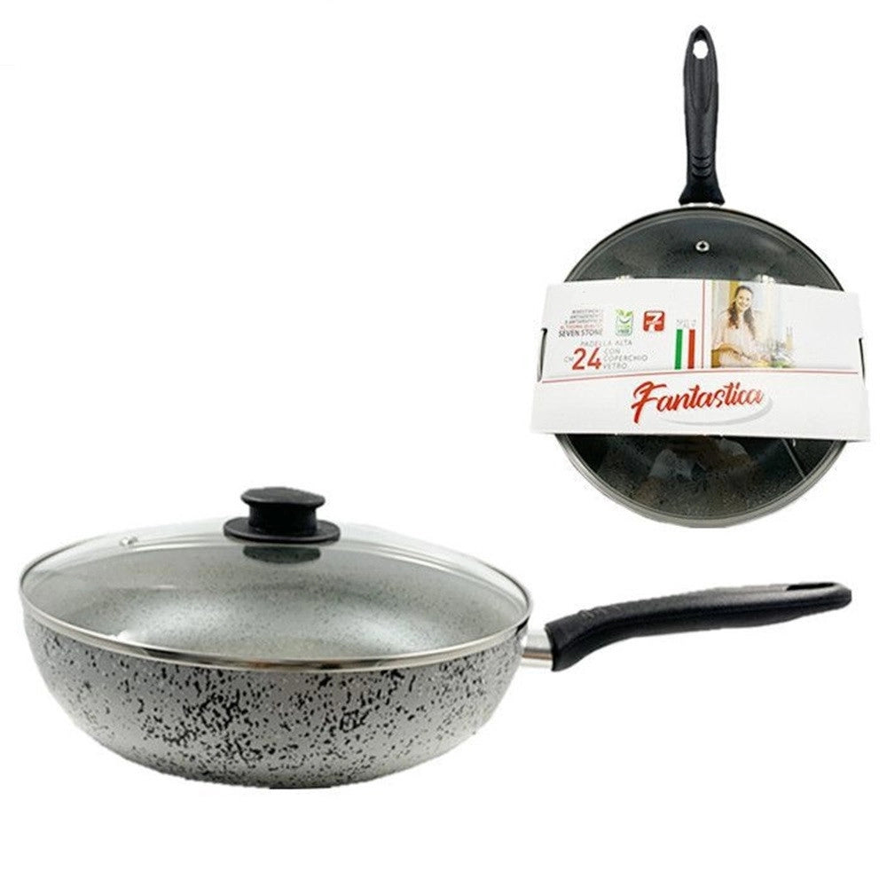 Trade Shop - Padella Alta Antiaderente Antigraffio A 7 Strati Con Coperchio In Vetro Manico Da 24-28cm -