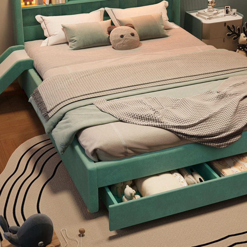 Letto per bambini imbottito 140x200 cm blu verde con scivolo montabile su entrambi i lati; LED e vano contenitore
